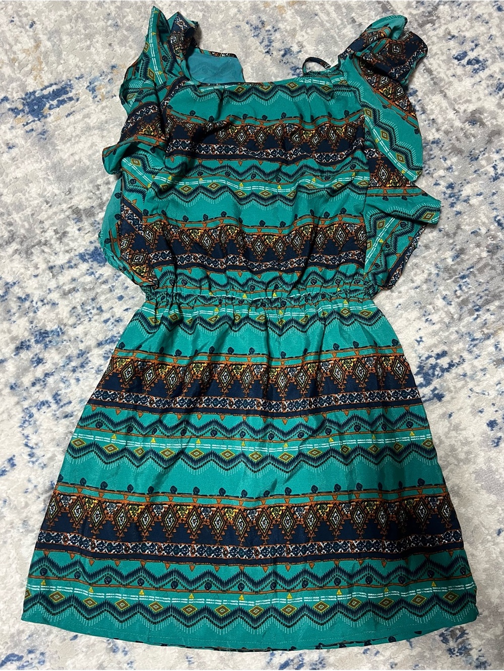 Sugarlips Teal Patterned Ruffle Sleeve Mini Dress